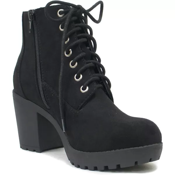 Soda Second Lug Sole Chunky Heel Combat Ankle Bootie Lace up wSide ZipperBlack Imitation Suede