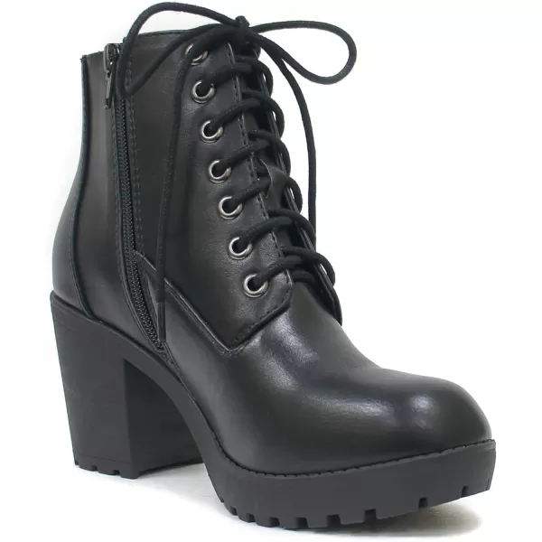 Soda Second Lug Sole Chunky Heel Combat Ankle Bootie Lace up wSide ZipperBlack Pu