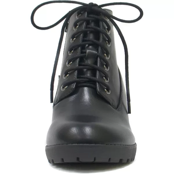 Soda Second Lug Sole Chunky Heel Combat Ankle Bootie Lace up wSide ZipperBlack Pu