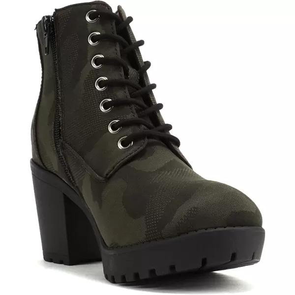 Soda Second Lug Sole Chunky Heel Combat Ankle Bootie Lace up wSide ZipperCamouflage