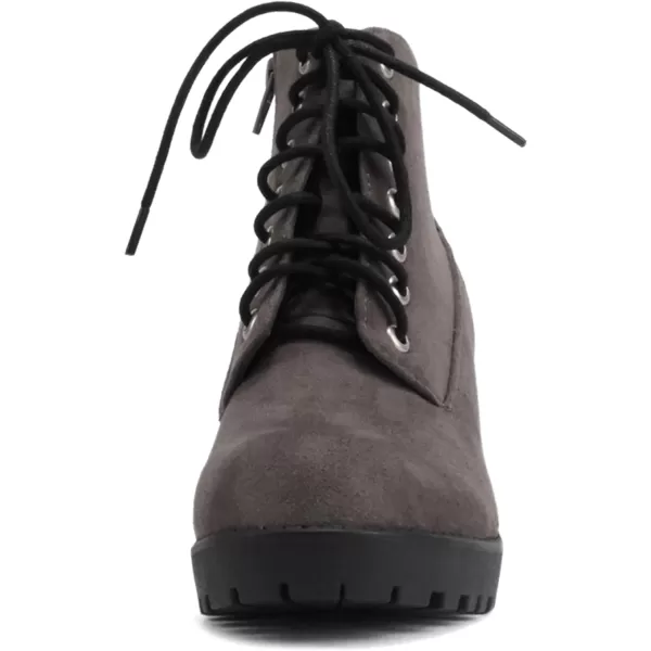 Soda Second Lug Sole Chunky Heel Combat Ankle Bootie Lace up wSide ZipperCharcoal Grey Suede