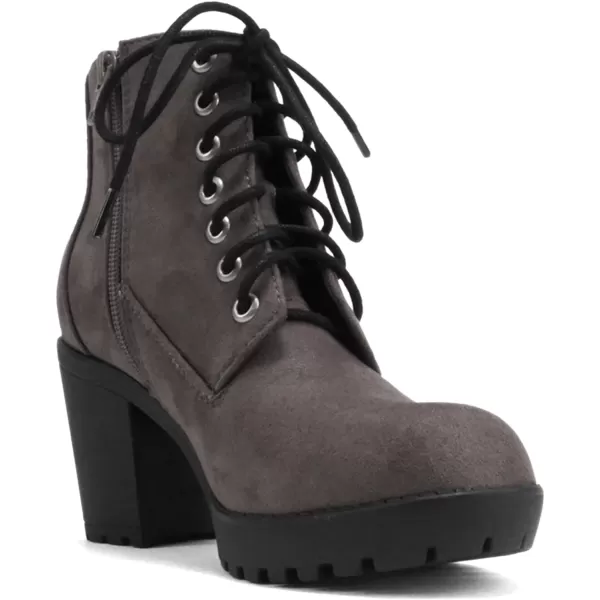 Soda Second Lug Sole Chunky Heel Combat Ankle Bootie Lace up wSide ZipperCharcoal Grey Suede