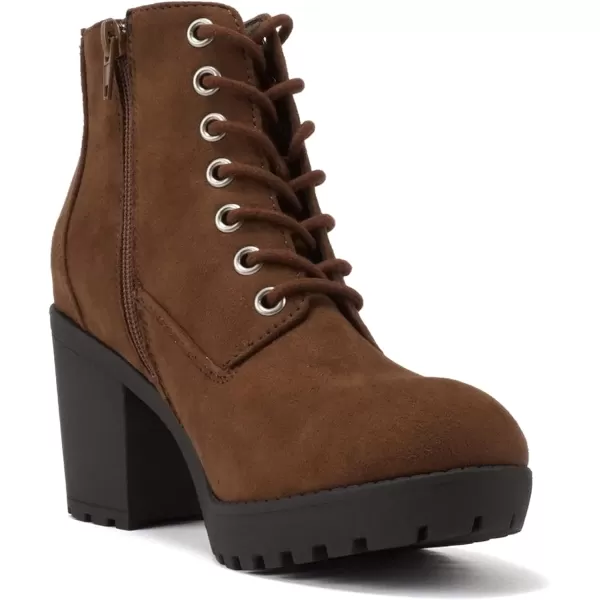 Soda Second Lug Sole Chunky Heel Combat Ankle Bootie Lace up wSide ZipperChestnut Imitation Suede