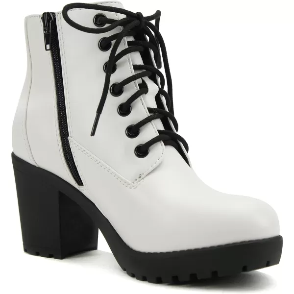 Soda Second Lug Sole Chunky Heel Combat Ankle Bootie Lace up wSide ZipperWhite Pu