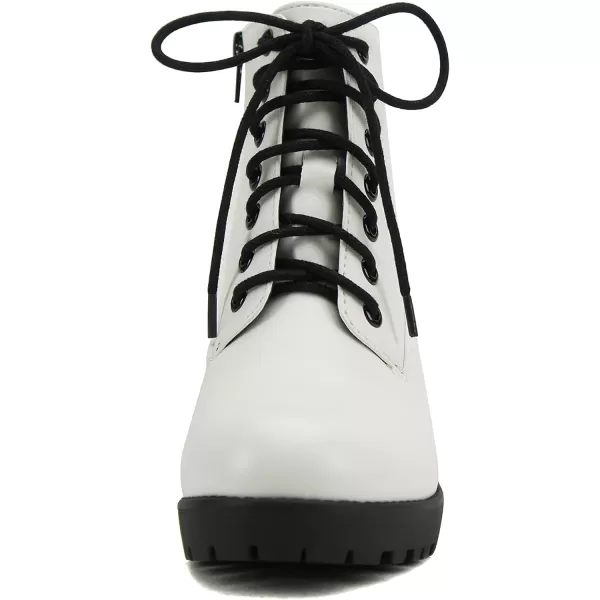 Soda Second Lug Sole Chunky Heel Combat Ankle Bootie Lace up wSide ZipperWhite Pu