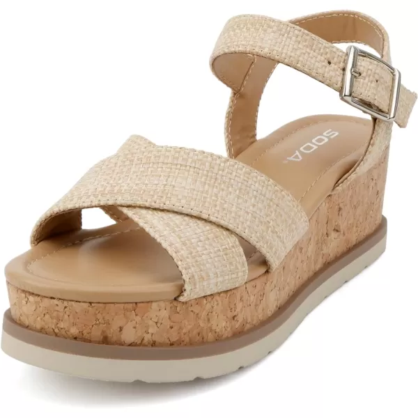 Soda Seville  Women Round Toe Crisscross Band Wedge Sandal with Adjustable Ankle StrapNatural Raffia