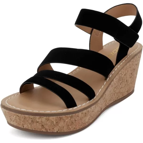 Soda Sheet  Women Round Toe Multi Strap Wedge SandalBlack Nubuck