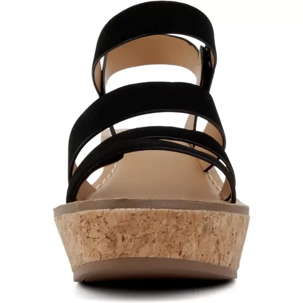 Soda Sheet  Women Round Toe Multi Strap Wedge SandalBlack Nubuck