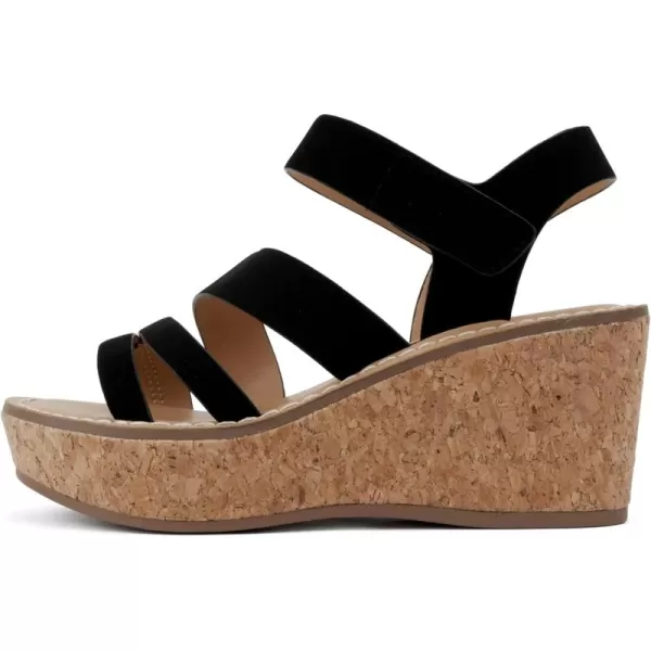 Soda Sheet  Women Round Toe Multi Strap Wedge SandalBlack Nubuck