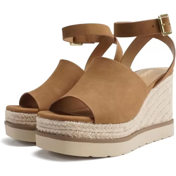 Soda Stella  Women Square Peep Toe Single Band Platform Espadrille Wedge Sandals with Adjustable Ankle StrapDark Tan Nubuck