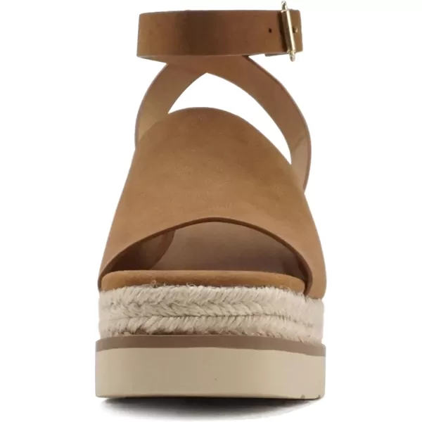 Soda Stella  Women Square Peep Toe Single Band Platform Espadrille Wedge Sandals with Adjustable Ankle StrapDark Tan Nubuck