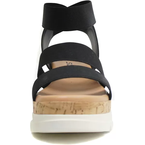 Soda Style Madyson  Slip On Open Toe Two Bands Elastic Ankle Strap Flatform Wedge Casual Fashion Sandal with Cork Wrap BottomBlack