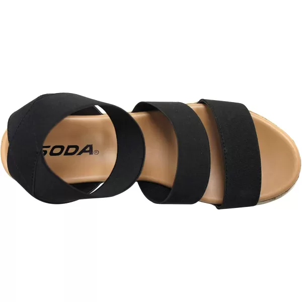 Soda Style Madyson  Slip On Open Toe Two Bands Elastic Ankle Strap Flatform Wedge Casual Fashion Sandal with Cork Wrap BottomBlack