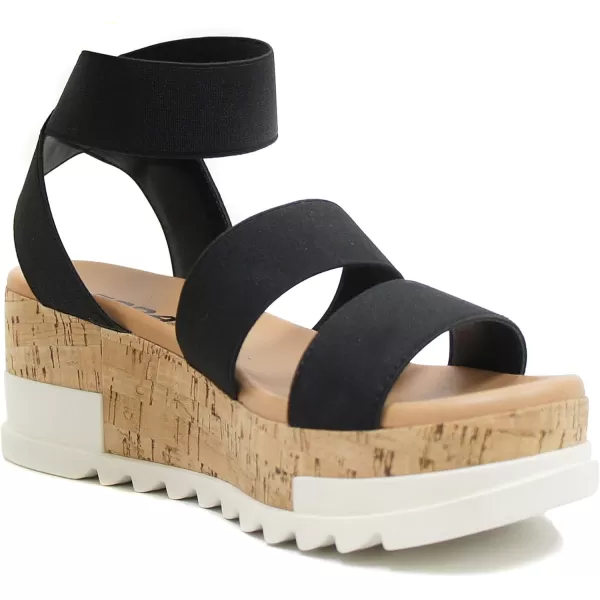 Soda Style Madyson  Slip On Open Toe Two Bands Elastic Ankle Strap Flatform Wedge Casual Fashion Sandal with Cork Wrap BottomBlack