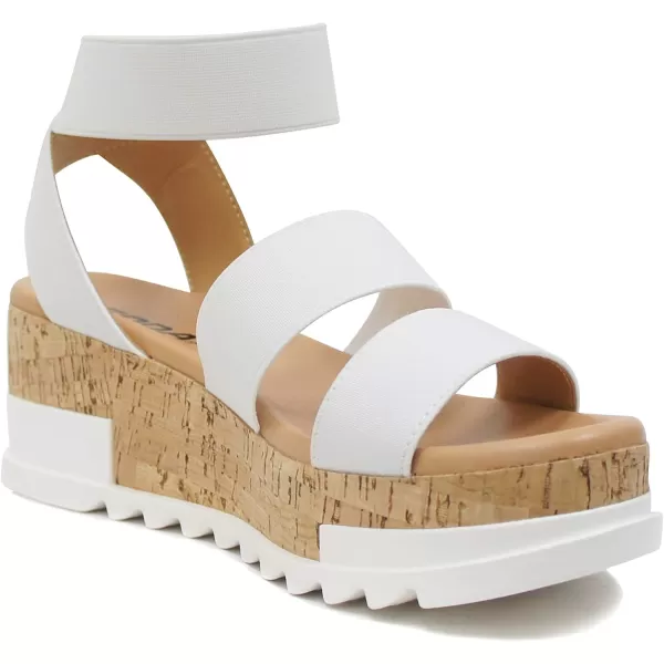 Soda Style Madyson  Slip On Open Toe Two Bands Elastic Ankle Strap Flatform Wedge Casual Fashion Sandal with Cork Wrap BottomWhite