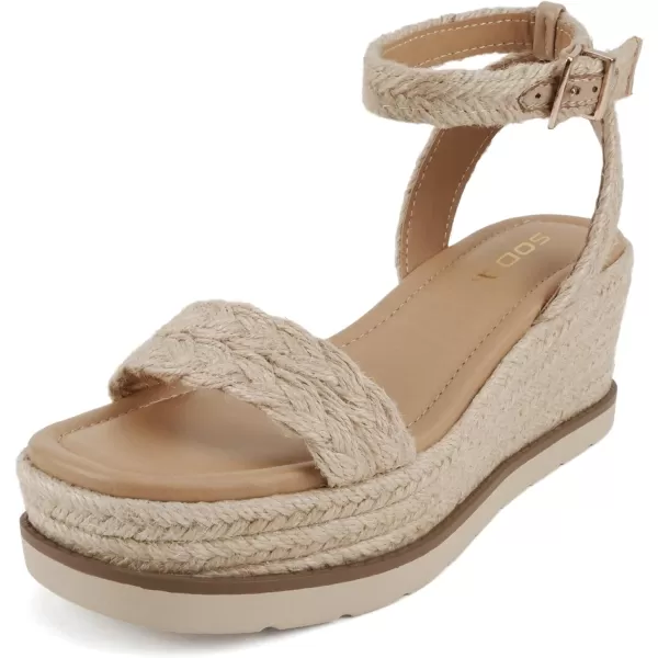 Soda Swing  Women Square Toe Single Band Low Heel Espadrille Wedge Sandal with Adjustable Ankle StrapLight Tan Jute