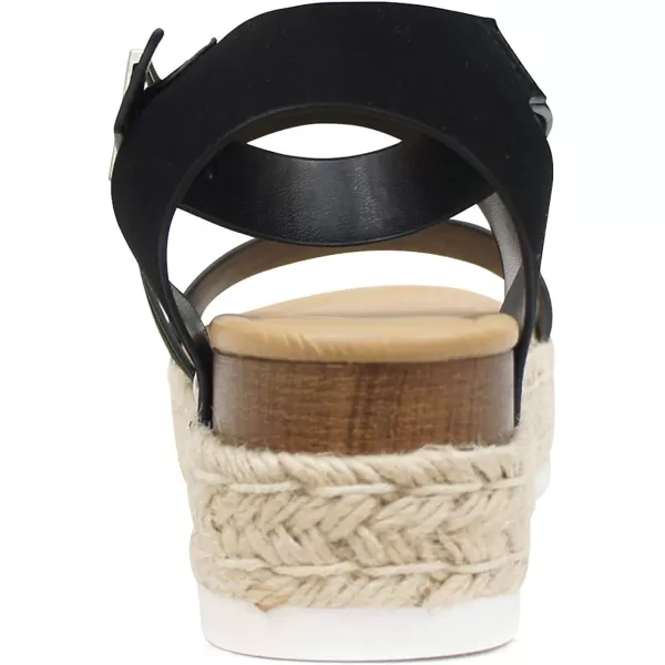 Soda Top Shoe Bryce Open Toe Buckle Ankle Strap Espadrilles Flatform Wedge Casual SandaBlack