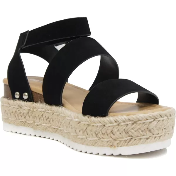 Soda Top Shoe Bryce Open Toe Buckle Ankle Strap Espadrilles Flatform Wedge Casual SandaBlack