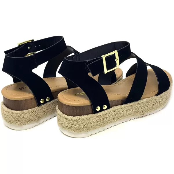 Soda Top Shoe Bryce Open Toe Buckle Ankle Strap Espadrilles Flatform Wedge Casual SandaBlack Nbpu