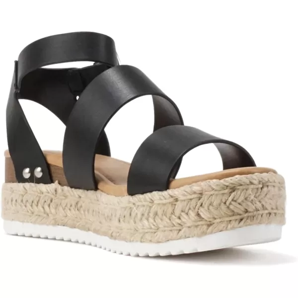 Soda Top Shoe Bryce Open Toe Buckle Ankle Strap Espadrilles Flatform Wedge Casual SandaBlack Pu