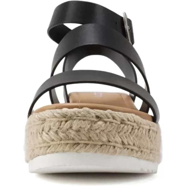 Soda Top Shoe Bryce Open Toe Buckle Ankle Strap Espadrilles Flatform Wedge Casual SandaBlack Pu