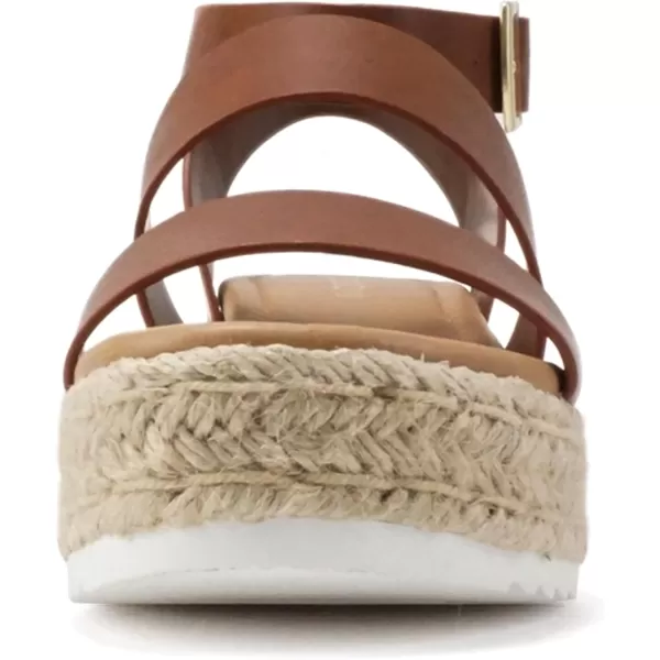 Soda Top Shoe Bryce Open Toe Buckle Ankle Strap Espadrilles Flatform Wedge Casual SandaCognac Pu