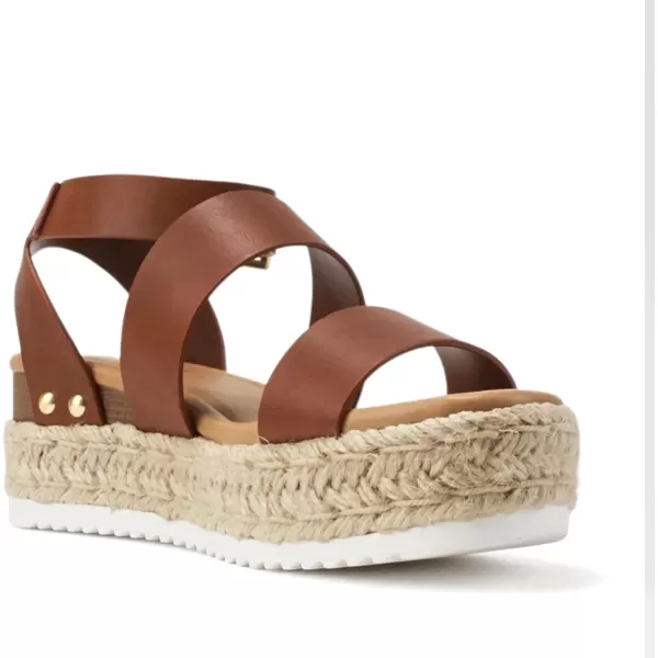 Soda Top Shoe Bryce Open Toe Buckle Ankle Strap Espadrilles Flatform Wedge Casual SandaCognac Pu