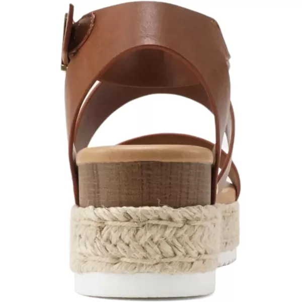 Soda Top Shoe Bryce Open Toe Buckle Ankle Strap Espadrilles Flatform Wedge Casual SandaCognac Pu