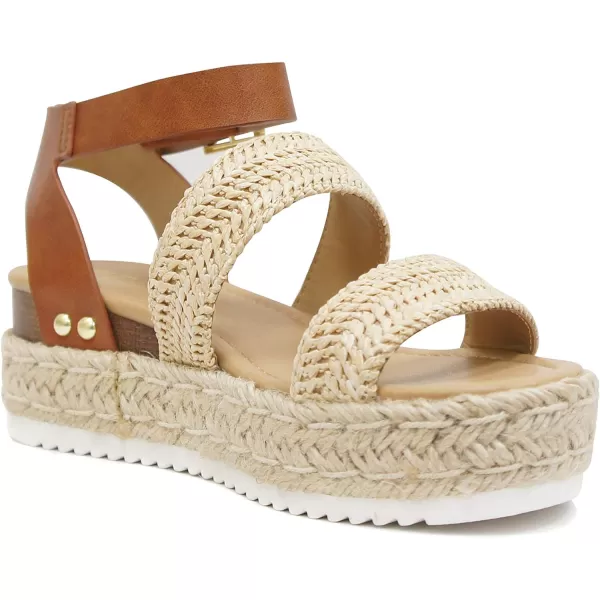 Soda Top Shoe Bryce Open Toe Buckle Ankle Strap Espadrilles Flatform Wedge Casual SandaNaturalTan Raffia