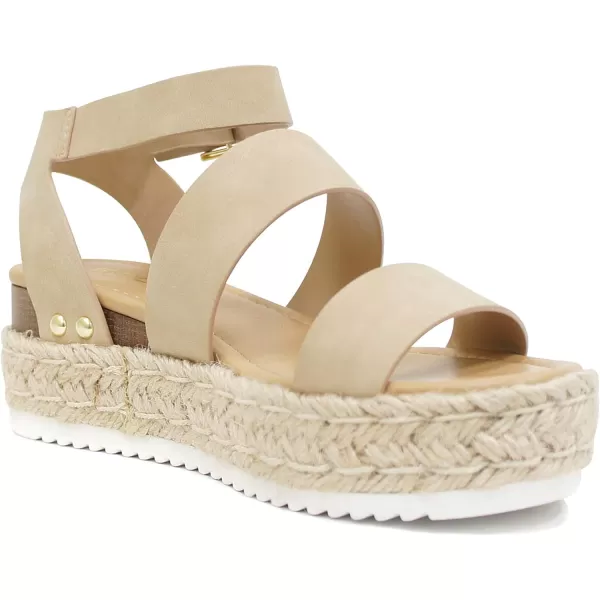 Soda Top Shoe Bryce Open Toe Buckle Ankle Strap Espadrilles Flatform Wedge Casual SandaTaupe