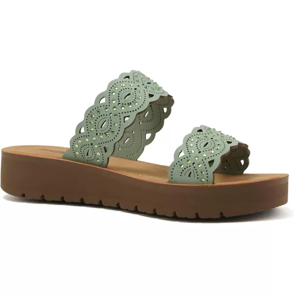 Soda VIENNA  Fun amp vibrant platform slip on sandal with ridged bottom amp beautifully scalloped straps with iridescent beading detail Perfect summer beach shoesDark Mint Nbpu