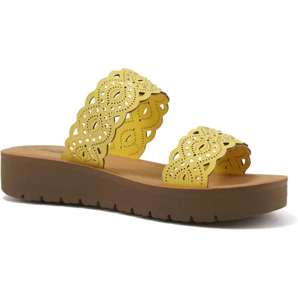 Soda VIENNA  Fun amp vibrant platform slip on sandal with ridged bottom amp beautifully scalloped straps with iridescent beading detail Perfect summer beach shoesYellow Nbpu