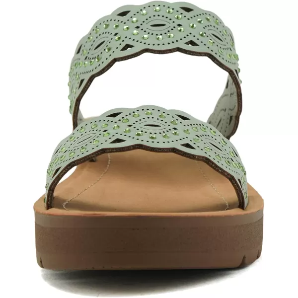 Soda VIENNA  Fun amp vibrant platform slip on sandal with ridged bottom amp beautifully scalloped straps with iridescent beading detail Perfect summer beach shoesDark Mint Nbpu