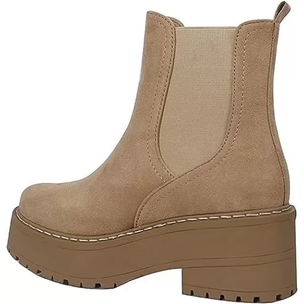 Soda YOSSI  Womens Chelsea Chunky Lug Sole Mid Heel Ankle Bootie Double ElasticCamel