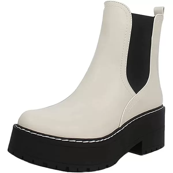 Soda YOSSI  Womens Chelsea Chunky Lug Sole Mid Heel Ankle Bootie Double ElasticWhite