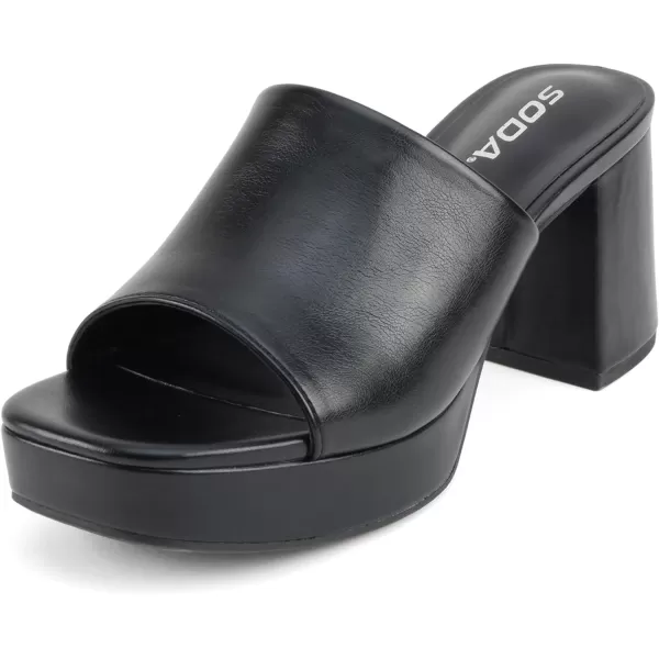 Soda Zafer  Women Square Toe Single Band Upper Medium Heel Platform Slide SandalBlack Pu