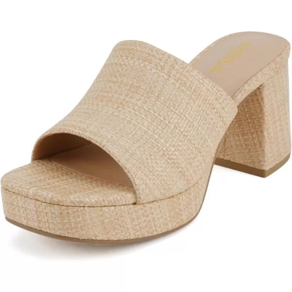 Soda Zafer  Women Square Toe Single Band Upper Medium Heel Platform Slide SandalNatural Raffia