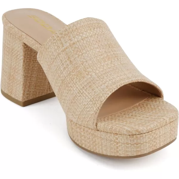 Soda Zafer  Women Square Toe Single Band Upper Medium Heel Platform Slide SandalNatural Raffia