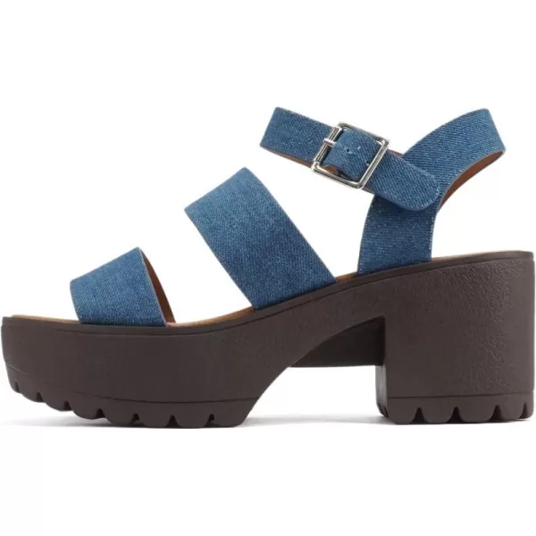 Soda ACCOUNT  Women Open Toe Two Bands Lug sole Fashion Block Heel Sandals with Adjustable Ankle StrapDenim Blue