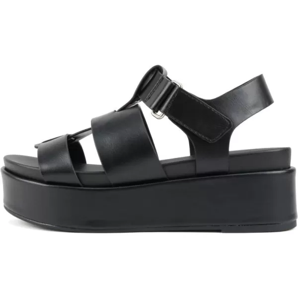 Soda Amenda  Women Round Toe Fisherman Platform Low Heel Wedge Sandal with Adjustable Ankle StrapBlack Pu