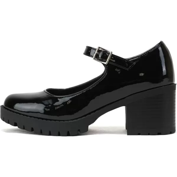 Soda Boxer  Women Mary Jane Round Toe Chunky Block Heel Lug Sole Pump with Adjustable StrapBlack Patent