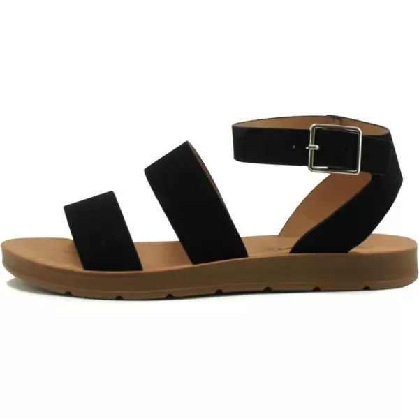 Soda DOZEN  Women Casual Open Toe Two Bands with Ankle Buckle Strap Fashion Slide Flat SandalBlack Nbpu