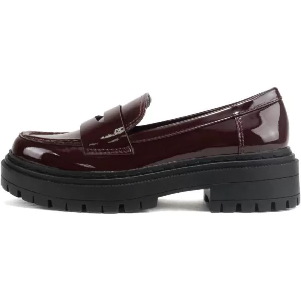 Soda Eureka  Women Slip On Platform Penny Loafer Lug Sole with Stitched DetailDark Burgundy Patent