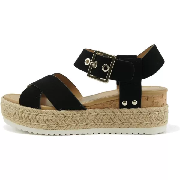 Soda FORTUNA  Open Toe Crisscross band Espadrille Jute Platform Wedge Casual Fashion Flatform Sandals with Buckle Ankle Wrap StrapBlack Nubuck