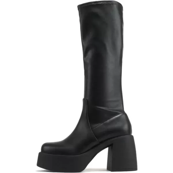 Soda JEZZI  Women Square Toe Medium Chunky Heel Platform MidCalf Boot with Side ZipperBlack Pu