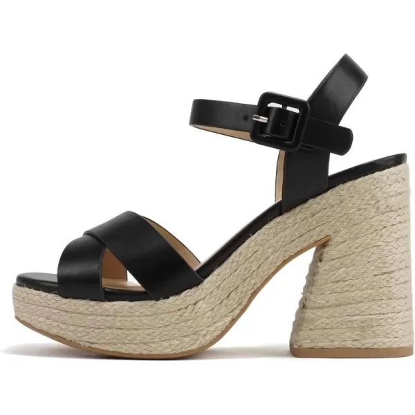 Soda NOBLE  Women Open Square Toe Crisscross Band Ankle Strap High Heel Espadrille Notch Wedge SandalBlack Pu