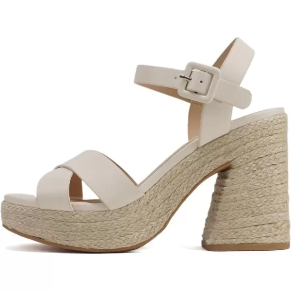 Soda NOBLE  Women Open Square Toe Crisscross Band Ankle Strap High Heel Espadrille Notch Wedge SandalBone Pu