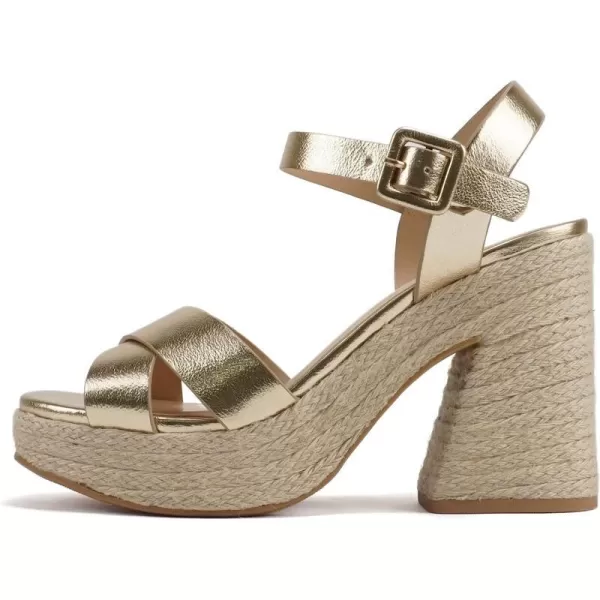 Soda NOBLE  Women Open Square Toe Crisscross Band Ankle Strap High Heel Espadrille Notch Wedge SandalGold Metallic Pu