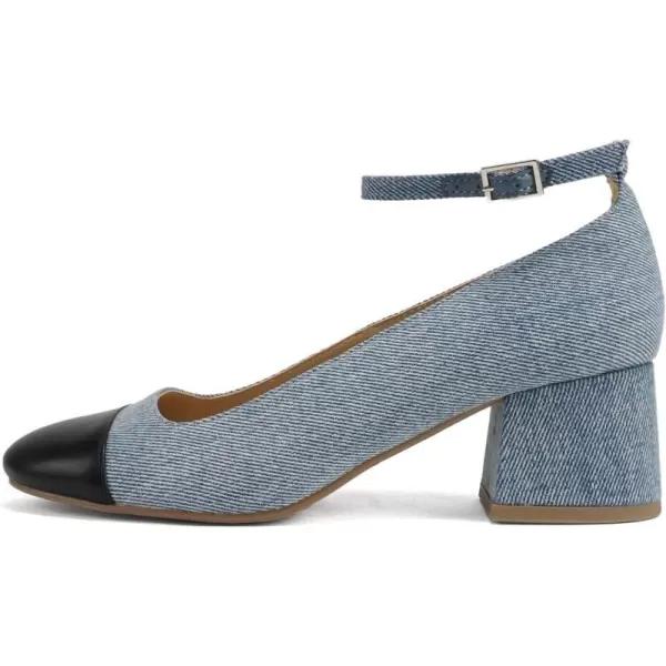 Soda Roxana  Women Round Cap Toe Low Block Heel Pump Shoe with Adjustable Ankle StrapDenim BlueBlack