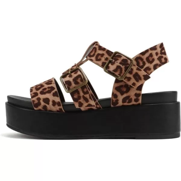 Soda STELLAR  Women Flatform Multi Strap Double Buckle Open Toe Ankle Strap Platform Wedge SandalsOatmeal Cheetah